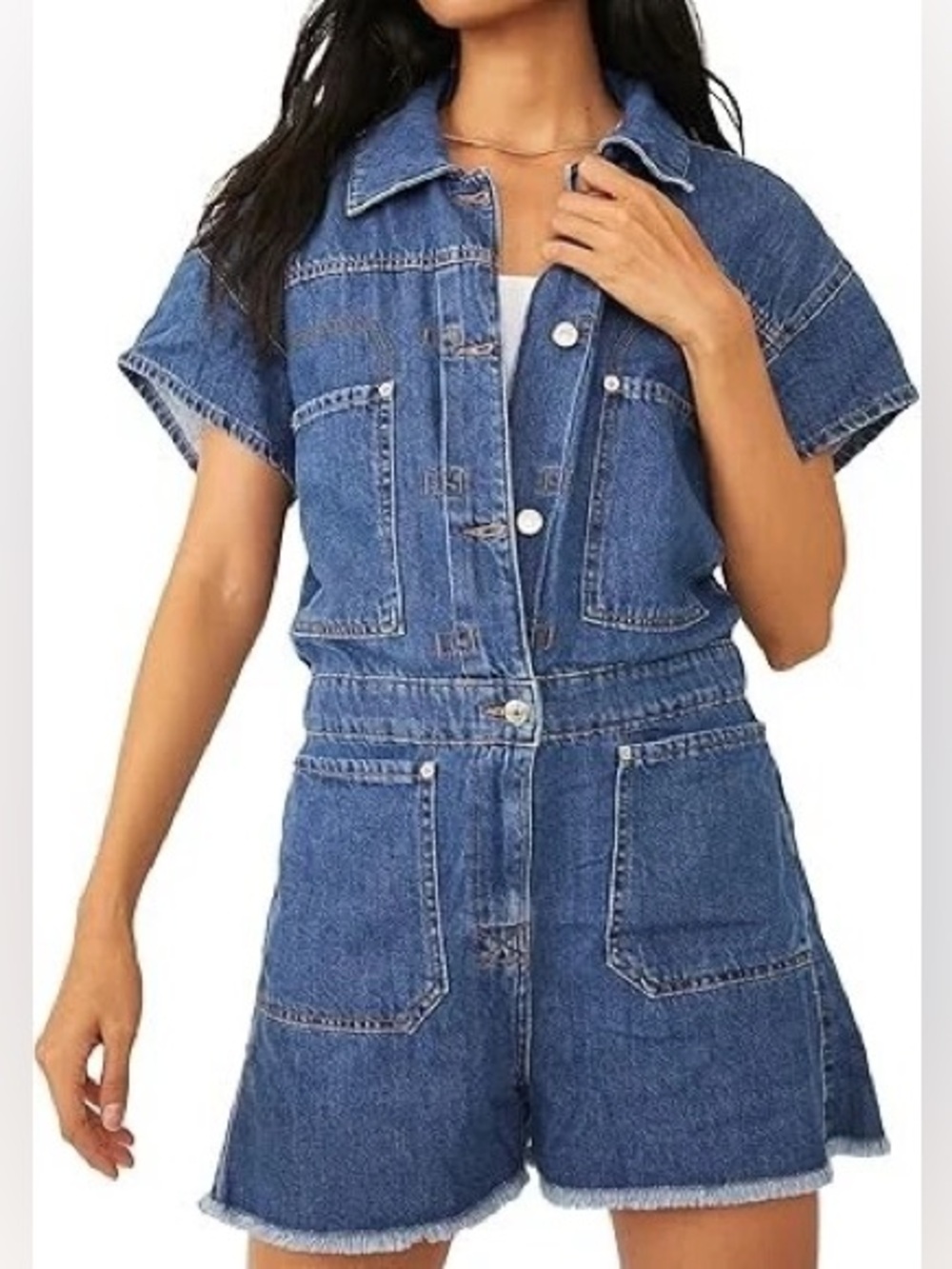 We The Free Work Hard Play Harder Blue Denim Short-Sleeve Romper Size XS